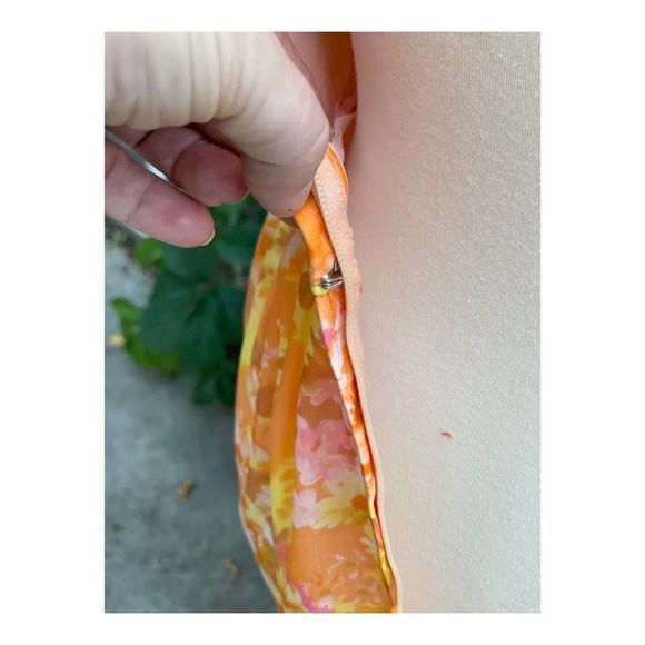 1950s Chiffon Formal Gown Dress Maxi Floral Tangerine Pink Yellow Sleeveless - Picture 10 of 16